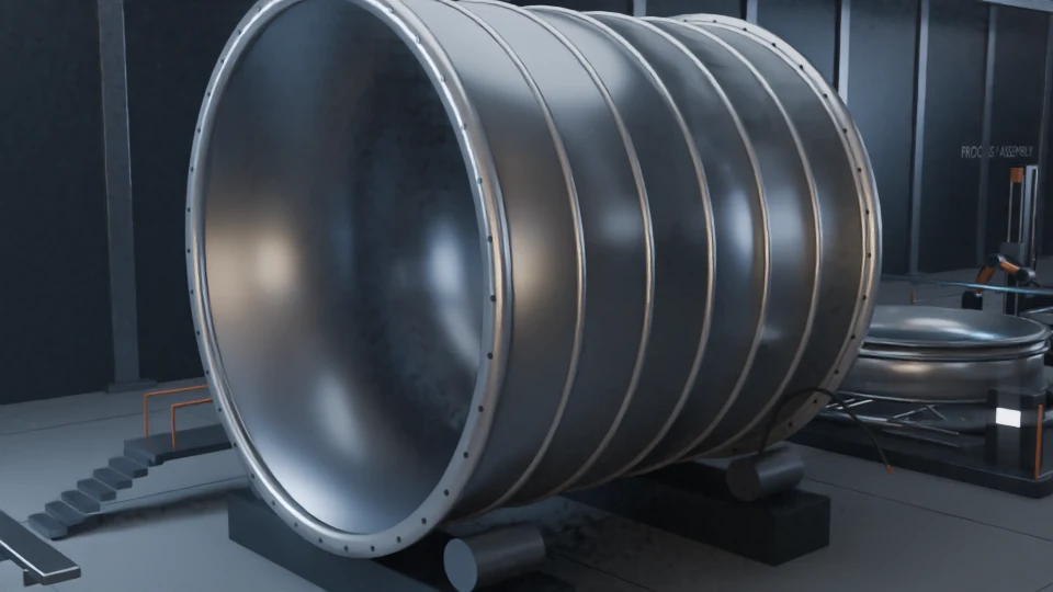 Original rendered process shell with flange bolts, roller supports and service access.